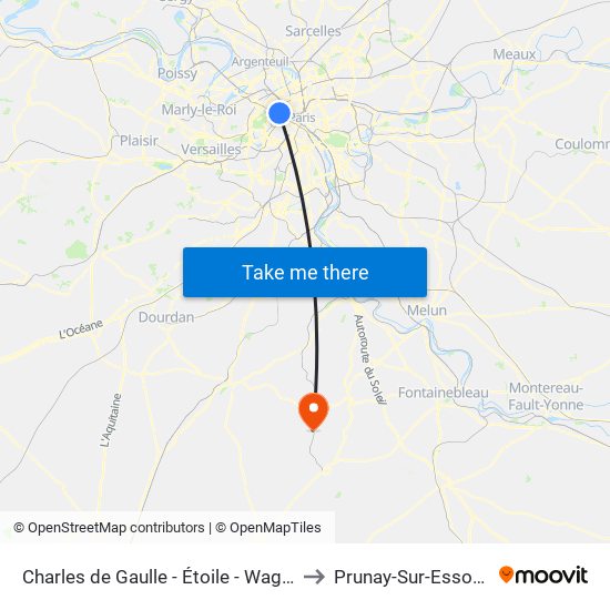 Charles de Gaulle - Étoile - Wagram to Prunay-Sur-Essonne map