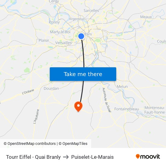 Tourr Eiffel - Quai Branly to Puiselet-Le-Marais map