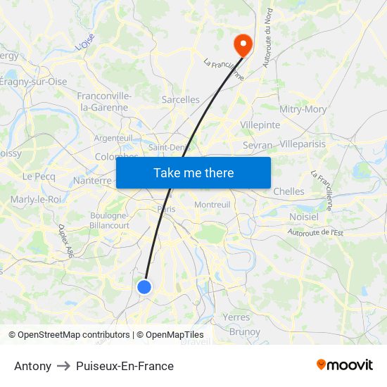Antony to Puiseux-En-France map
