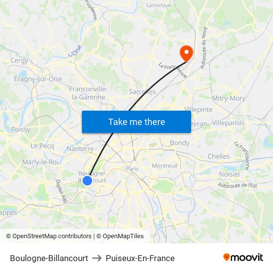 Boulogne-Billancourt to Puiseux-En-France map