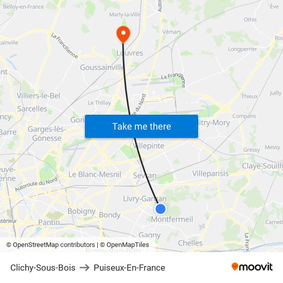 Clichy-Sous-Bois to Puiseux-En-France map