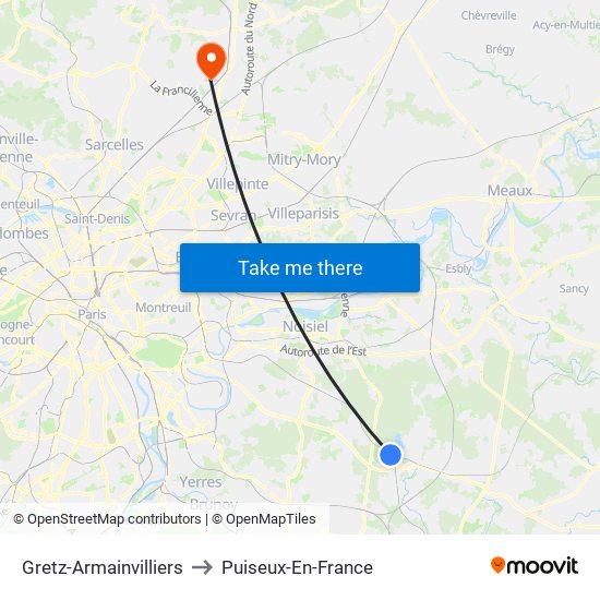 Gretz-Armainvilliers to Puiseux-En-France map