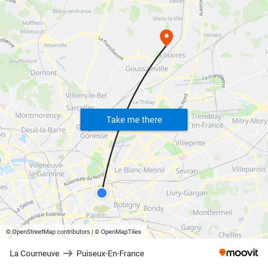 La Courneuve to Puiseux-En-France map