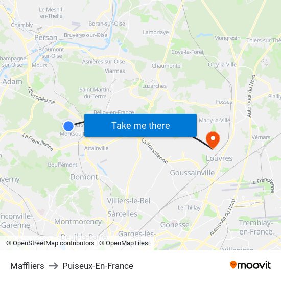 Maffliers to Puiseux-En-France map