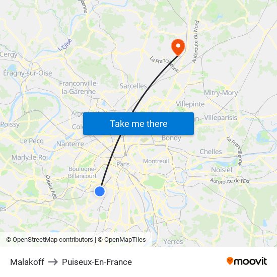 Malakoff to Puiseux-En-France map