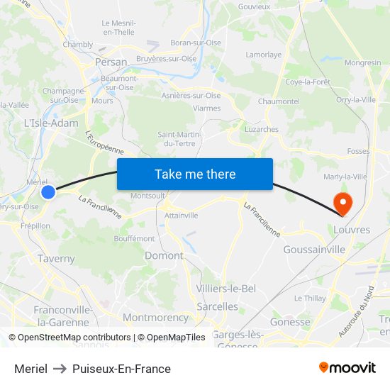 Meriel to Puiseux-En-France map
