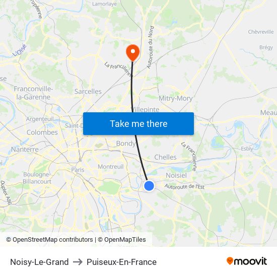 Noisy-Le-Grand to Puiseux-En-France map