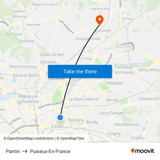 Pantin to Puiseux-En-France map