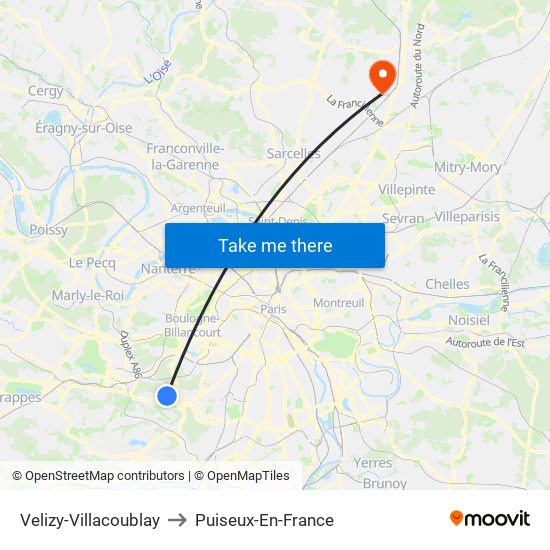 Velizy-Villacoublay to Puiseux-En-France map