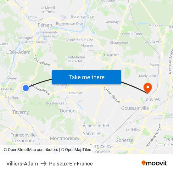 Villiers-Adam to Puiseux-En-France map