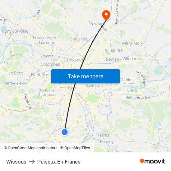 Wissous to Puiseux-En-France map