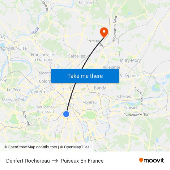 Denfert-Rochereau to Puiseux-En-France map