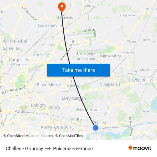 Chelles - Gournay to Puiseux-En-France map