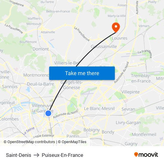 Saint-Denis to Puiseux-En-France map