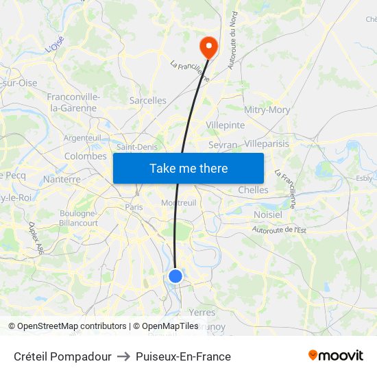 Créteil Pompadour to Puiseux-En-France map