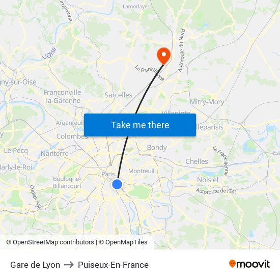 Gare de Lyon to Puiseux-En-France map