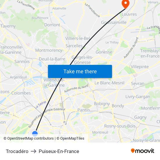Trocadéro to Puiseux-En-France map