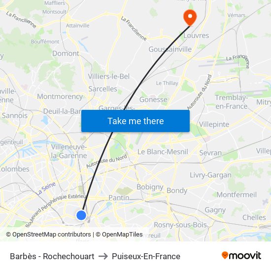 Barbès - Rochechouart to Puiseux-En-France map