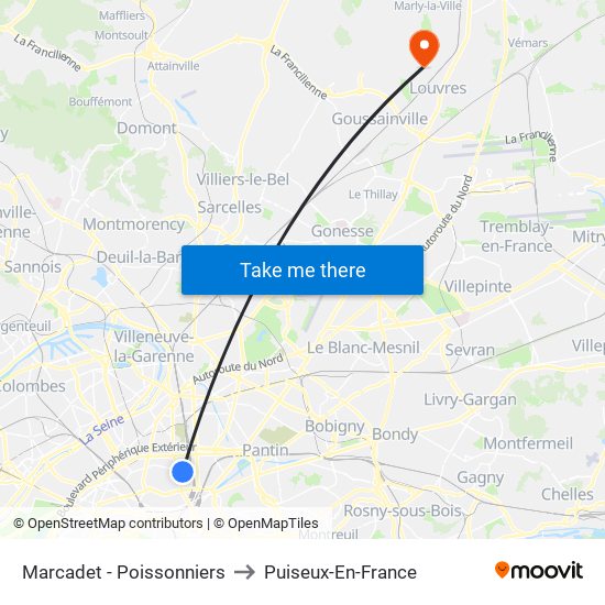 Marcadet - Poissonniers to Puiseux-En-France map