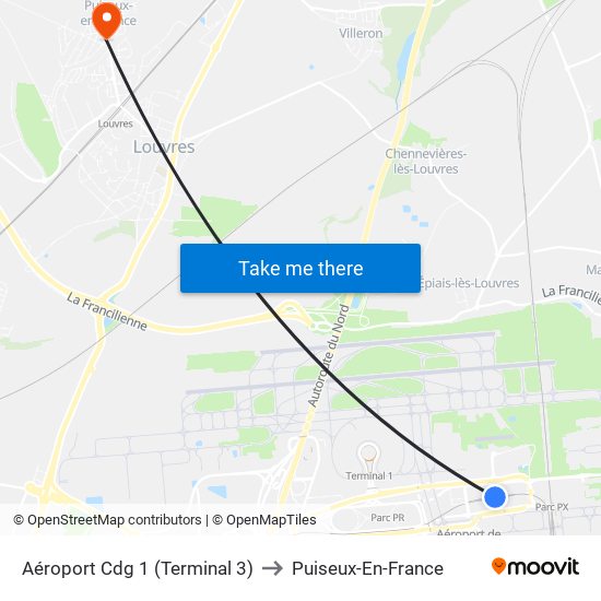 Aéroport Cdg 1 (Terminal 3) to Puiseux-En-France map