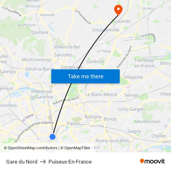 Gare du Nord to Puiseux-En-France map
