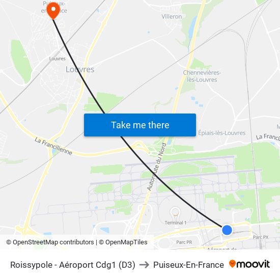 Roissypole - Aéroport Cdg1 (D3) to Puiseux-En-France map