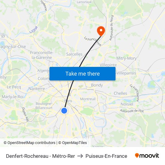 Denfert-Rochereau - Métro-Rer to Puiseux-En-France map