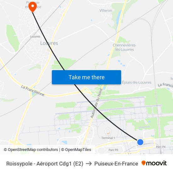 Roissypole - Aéroport Cdg1 (E2) to Puiseux-En-France map
