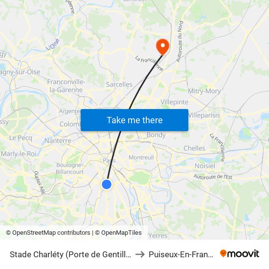 Stade Charléty (Porte de Gentilly) to Puiseux-En-France map