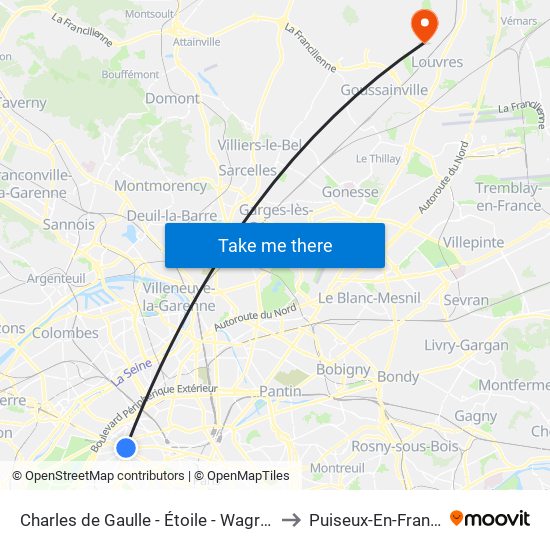 Charles de Gaulle - Étoile - Wagram to Puiseux-En-France map