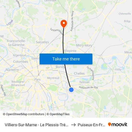 Villiers-Sur-Marne - Le Plessis-Trévise RER to Puiseux-En-France map