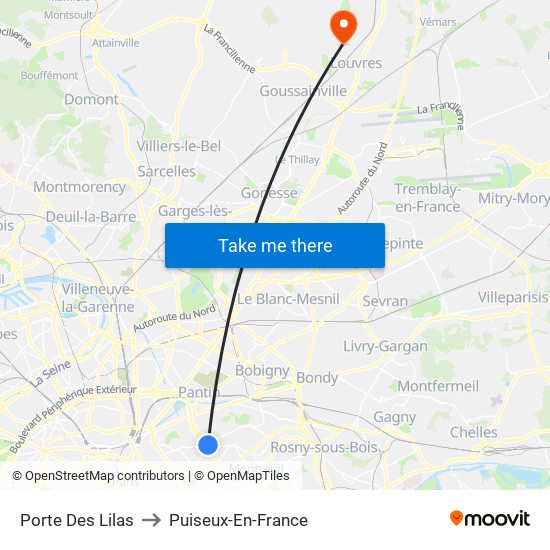Porte Des Lilas to Puiseux-En-France map
