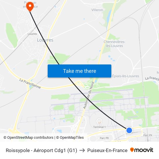 Roissypole - Aéroport Cdg1 (G1) to Puiseux-En-France map