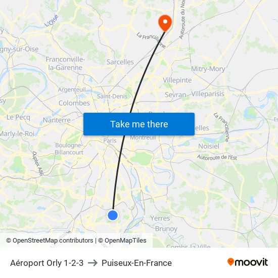 Aéroport Orly 1-2-3 to Puiseux-En-France map