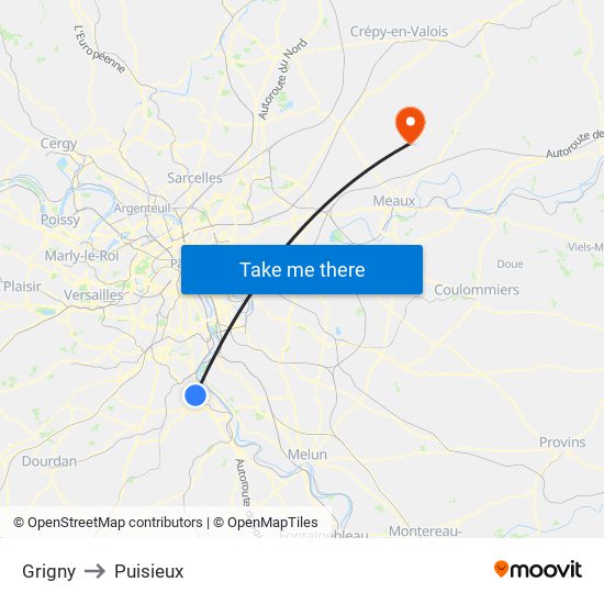 Grigny to Puisieux map