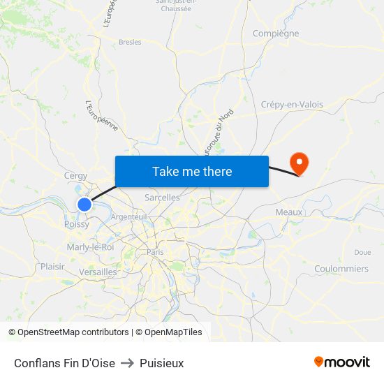 Conflans Fin D'Oise to Puisieux map