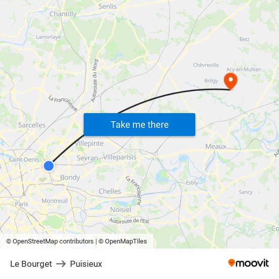 Le Bourget to Puisieux map