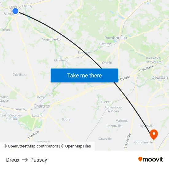 Dreux to Pussay map