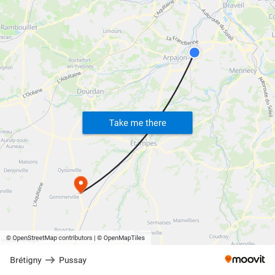 Brétigny to Pussay map