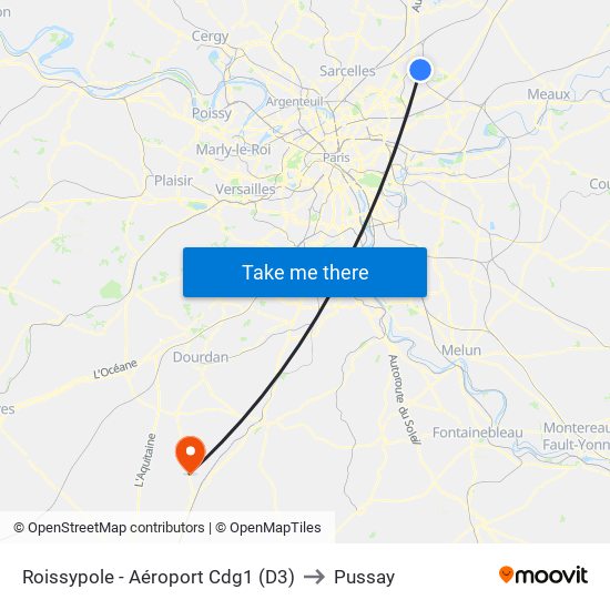 Roissypole - Aéroport Cdg1 (D3) to Pussay map
