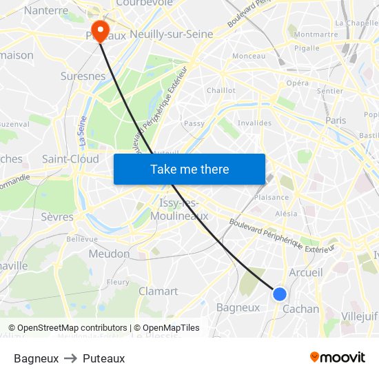 Bagneux to Puteaux map