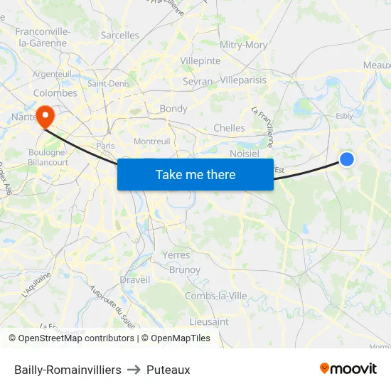 Bailly-Romainvilliers to Puteaux map