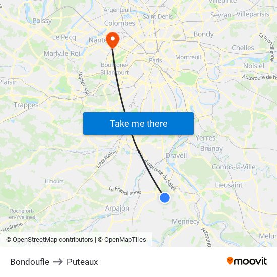 Bondoufle to Puteaux map