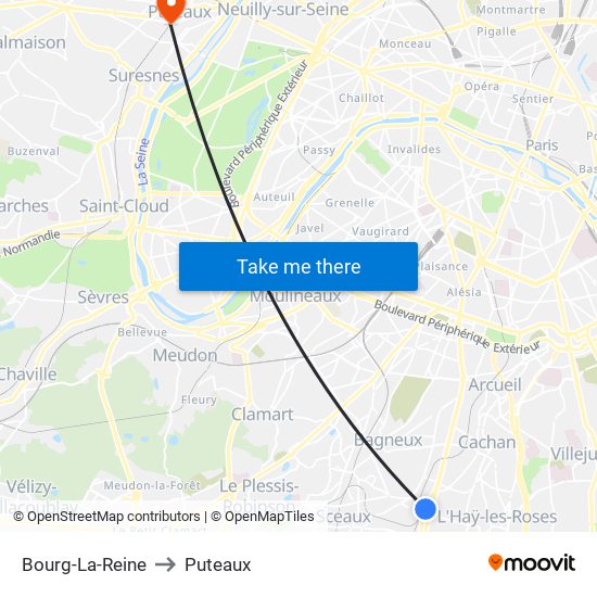 Bourg-La-Reine to Puteaux map