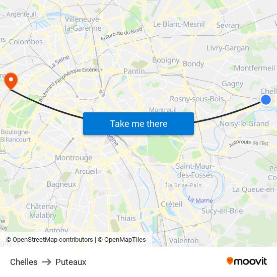 Chelles to Puteaux map
