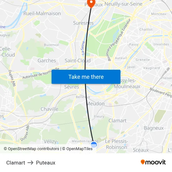 Clamart to Puteaux map