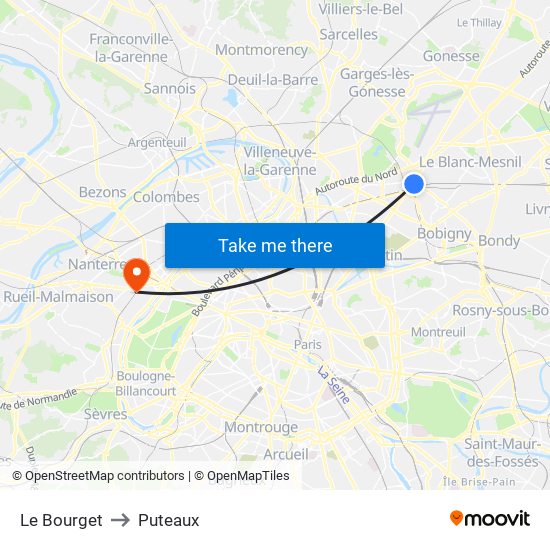 Le Bourget to Puteaux map