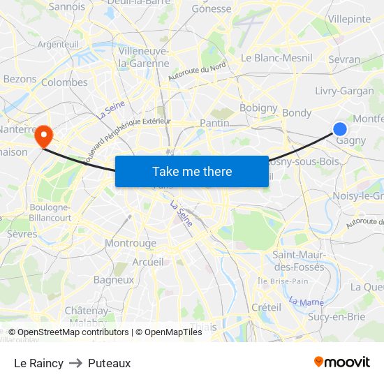 Le Raincy to Puteaux map