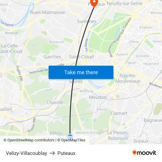 Velizy-Villacoublay to Puteaux map