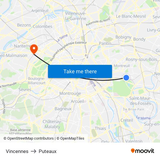 Vincennes to Puteaux map